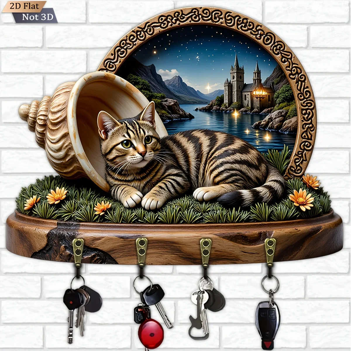 2D Flat, 1pc, Tabby Cat Conch Key Hook Wooden Multifunctional Home Key Holder with Four Metal Hooks, Wall Decoration, Porch