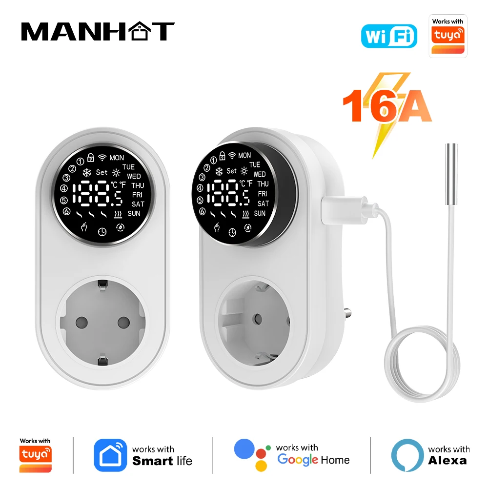 MANHOT Wifi Smart Plug-in Thermostat Socket 16A EU Knob APP Voice Control for Heating Cooling Device Programming Mode Smart Life