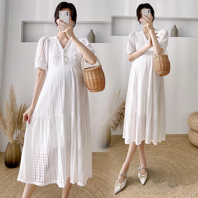 White Pregnant Women V-neck Lace Dress Short Sleeve Ruffled Collar Button Fly Maternity Loose Dress Princess Party Dress Sweet