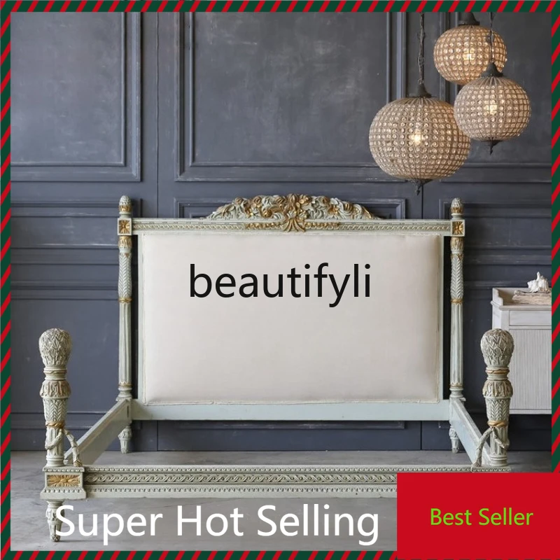 

A71 French Retro Solid Wood Bed Mediterranean Pastoral Carved Vintage Bed American British Antique Princess Wedding Bed