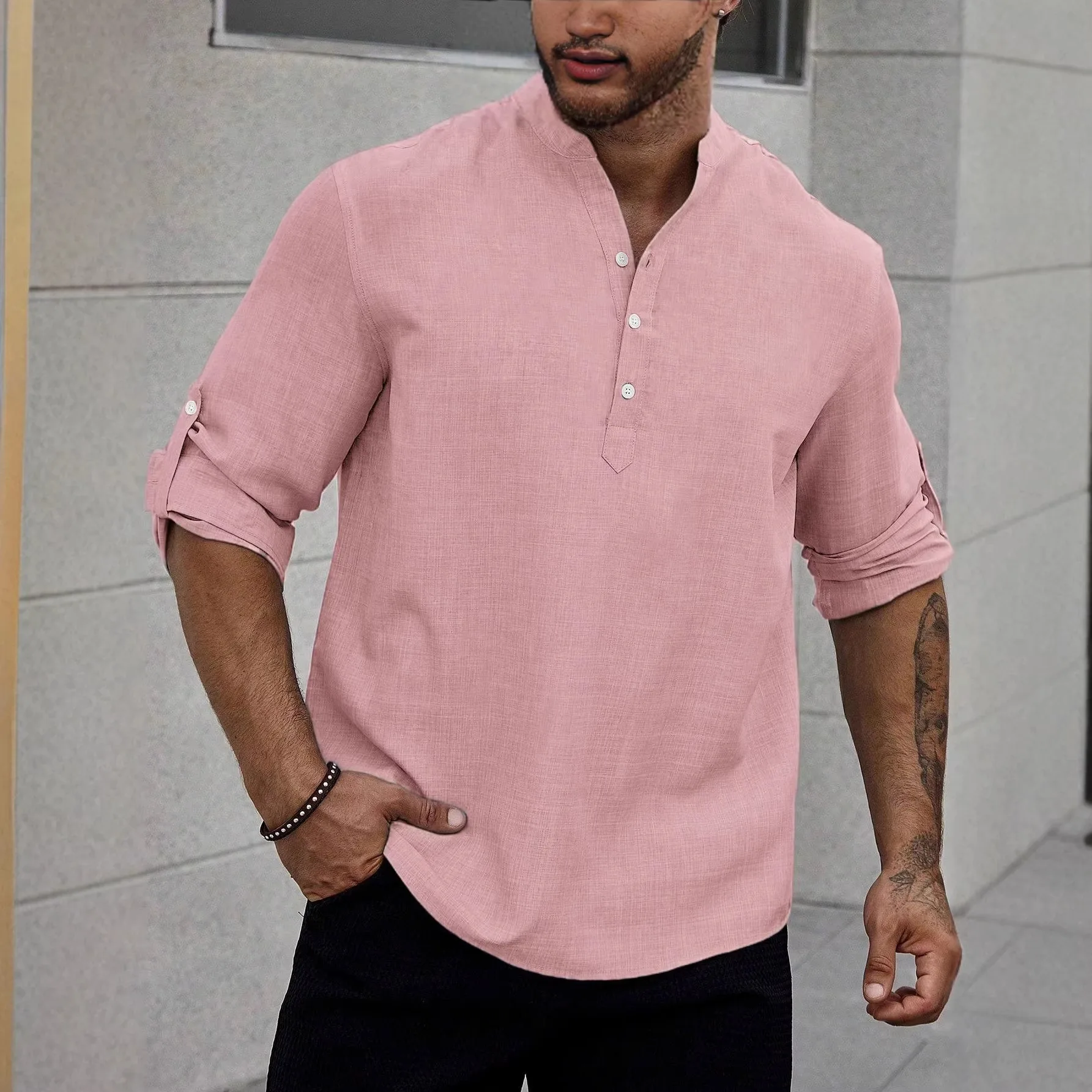 2026 Spring/Summer Men's Henry Collar Casual Top Imitation Hemp Loose Stand-Up Collar Long Sleeve Shirt