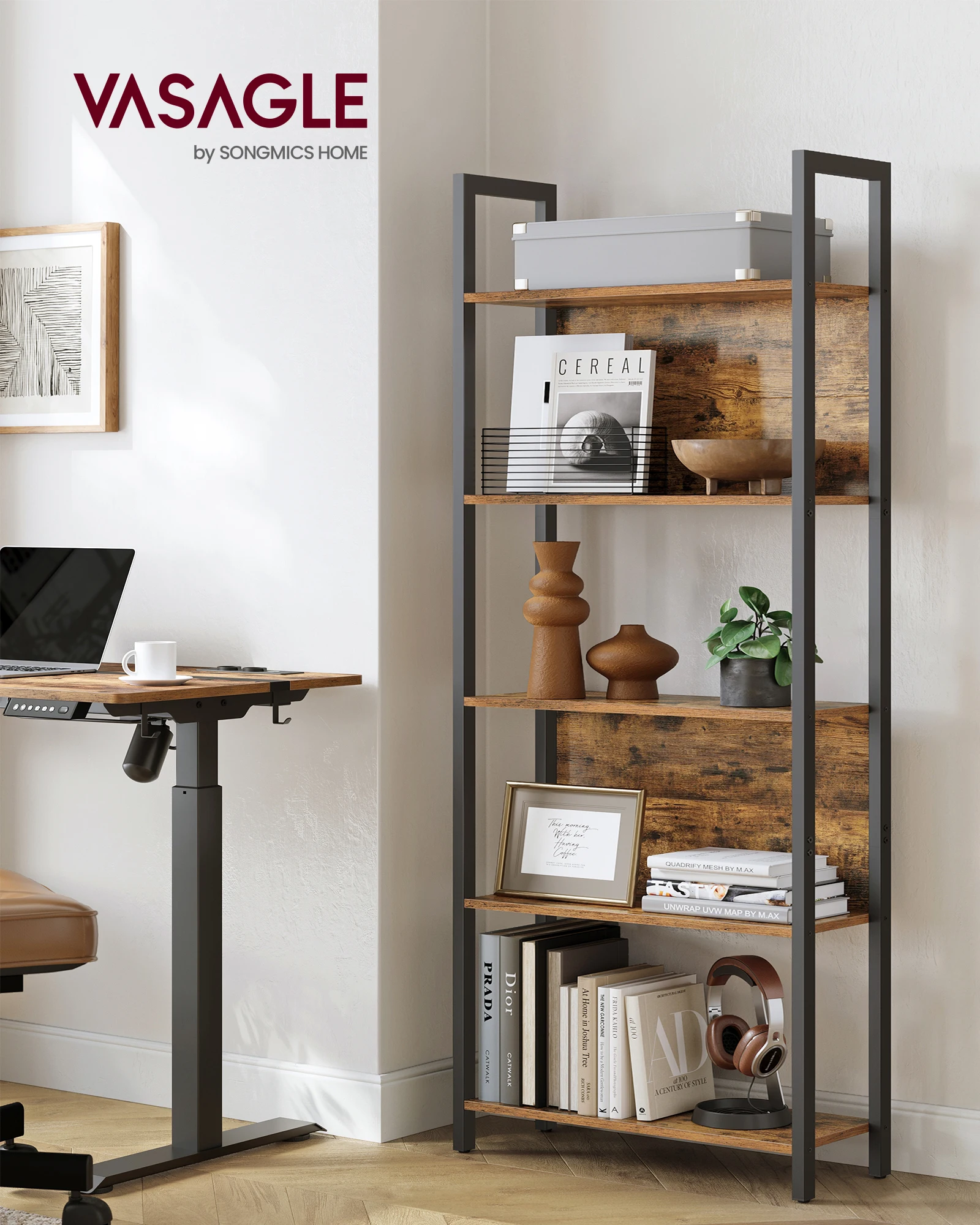 

VASAGLE 5-Tier Bookshelf, Book Shelf, Industrial Bookcase, with Steel Frame, for Living Room, Home Office, Bedroom, 9.4 x 24.4 x
