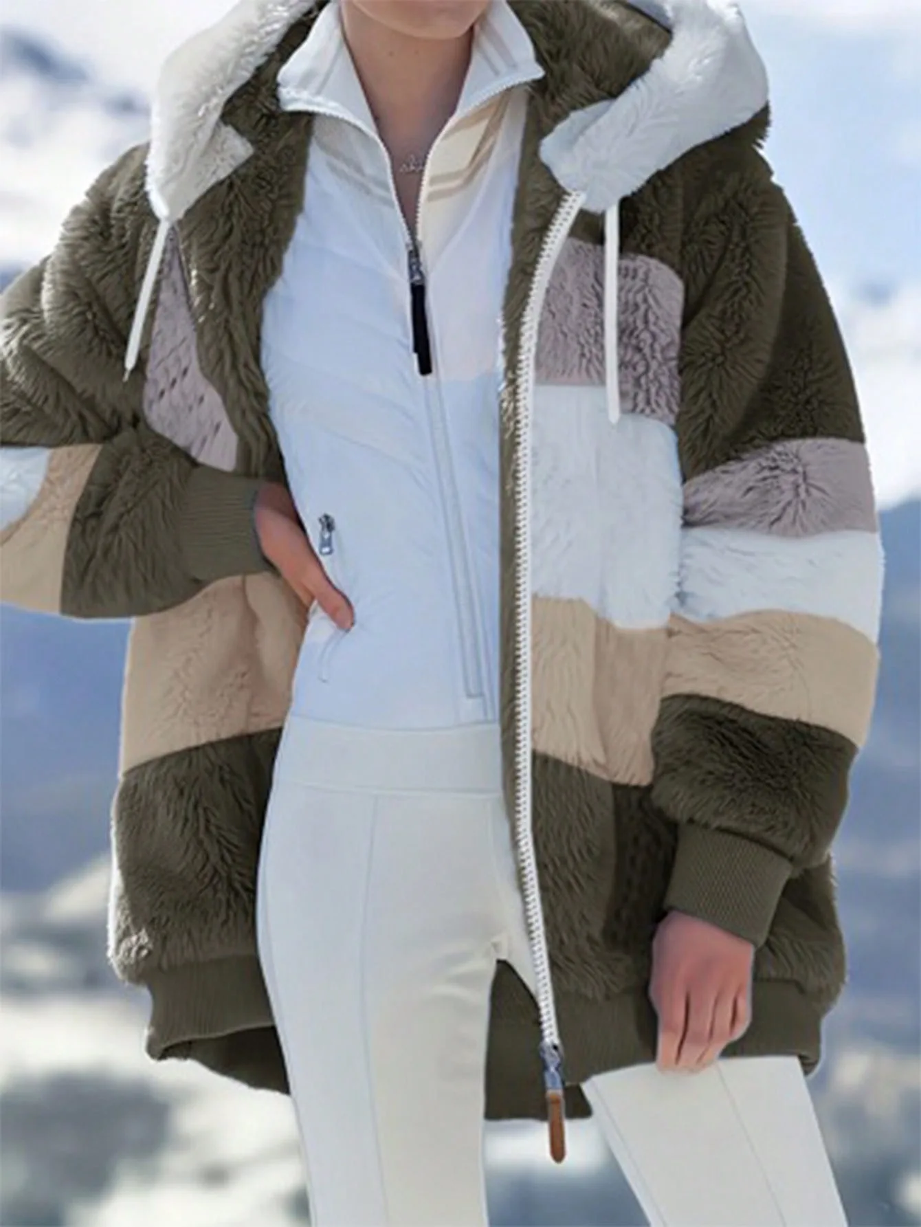 Plus Size Women Sherpa Fleece Jacket Color Block Patchwork Faux Fur Trim Hood Zip Up Ribbed Cuffs Drawstring Hooded Warm Winter