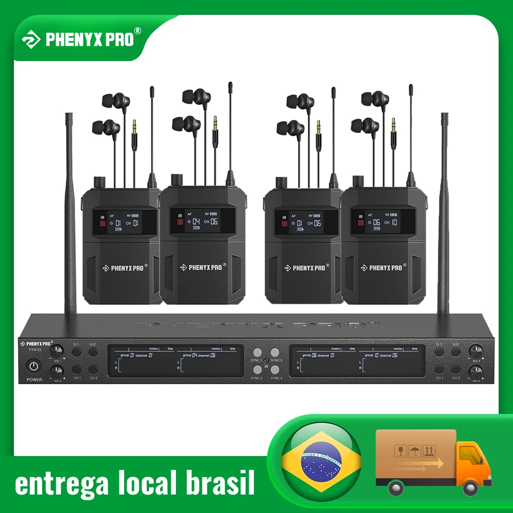 Phenyx pro PTM-33 Retorno de palco sem fio Sistema de monitor intra auricular mono de 4 canais com montagem em rack para casamento na igreja