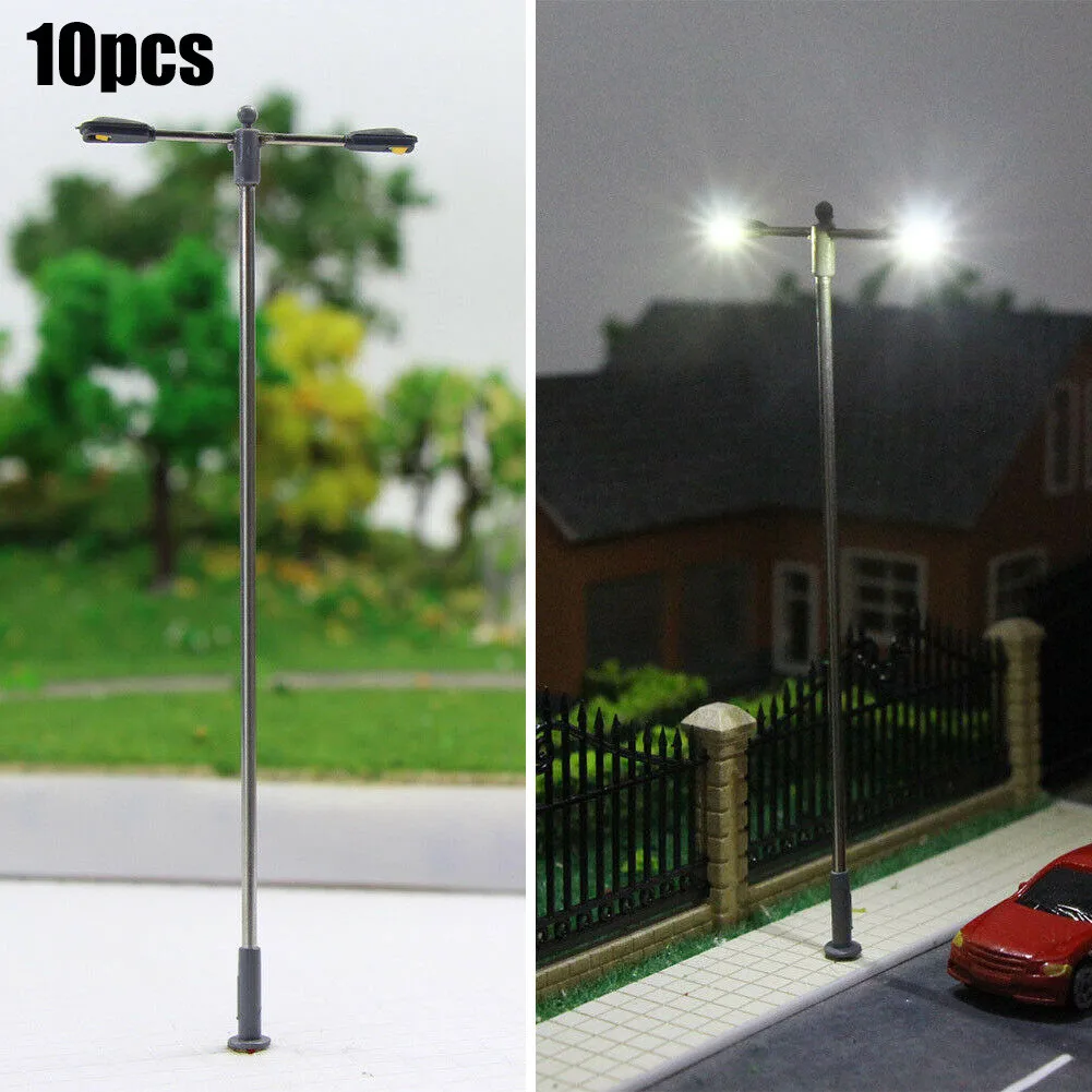 10pcs Double Whip Lamps LED 104mm H0 / 00 Street Lamp Flexible Height Railroad Decoration Building Landscape Accessories
