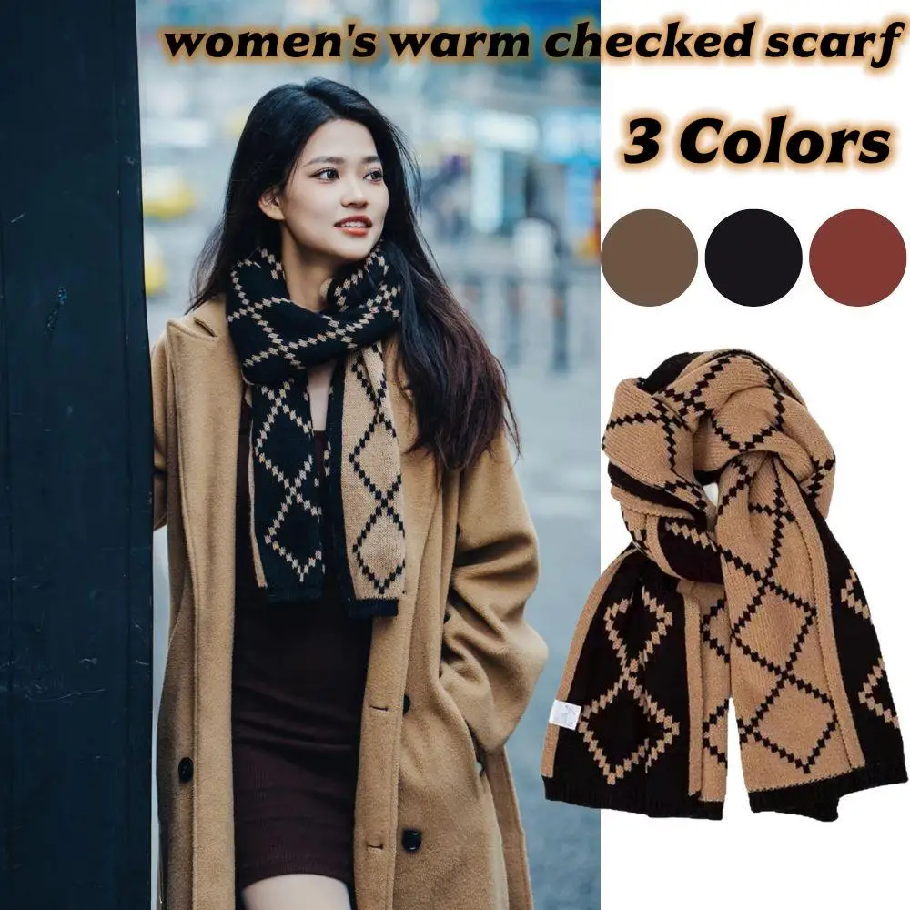 

Красный клетчатый вязаный шарф, женский теплый корейский зимний универсальный шерстяной шарф высокого уровня, уличные утолщенные двусторонние шарфы из пряжи