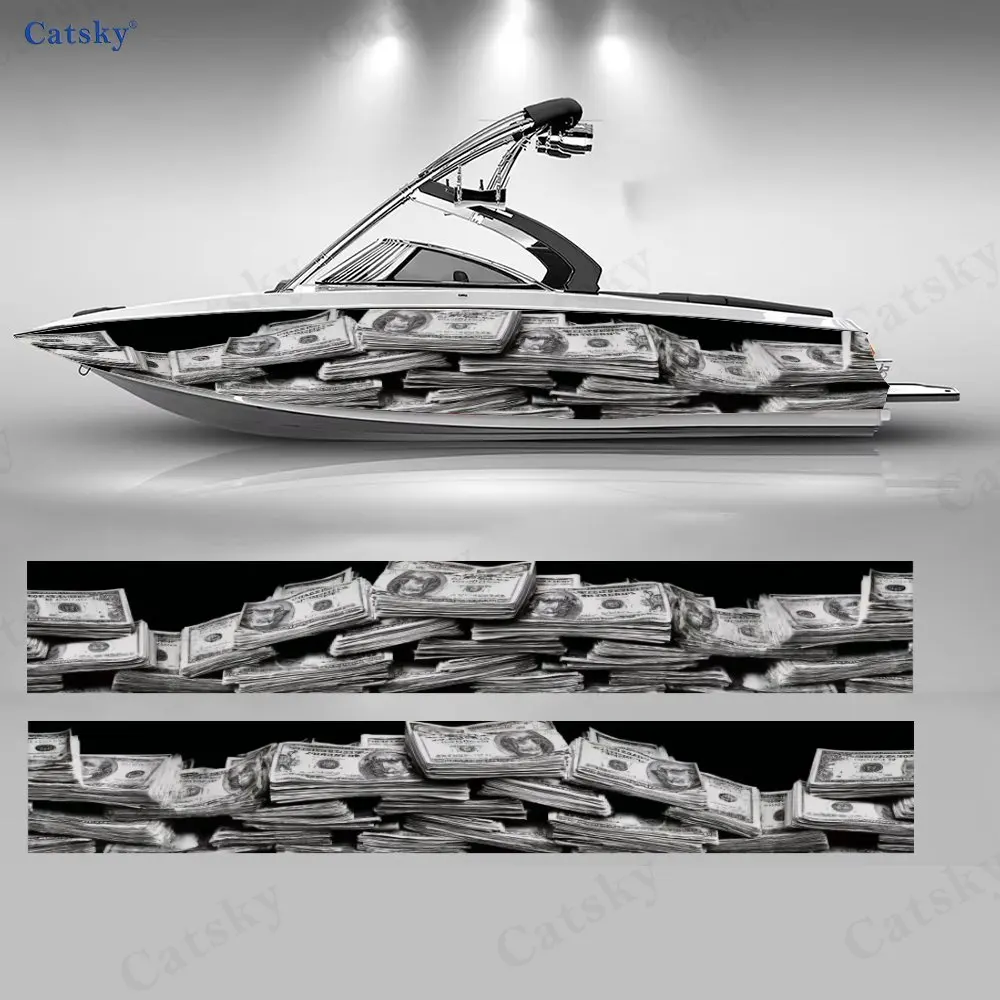 

2Pc Boat Exterior Decal Wrap, Cash Money Dollar Pattern, High-Quality Weatherproof Vinyl, Ideal for Recreational Boats Speedboat