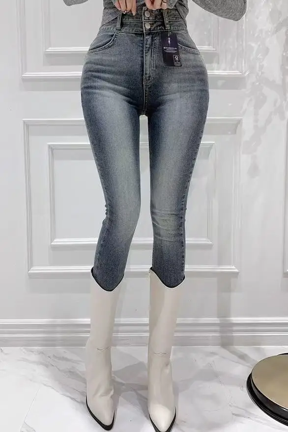 High Quality Elastic Women'S Jeans With Side Buckle Tight High Waist And Small Leg Pants 2025 Korean Fashion Women Clothing