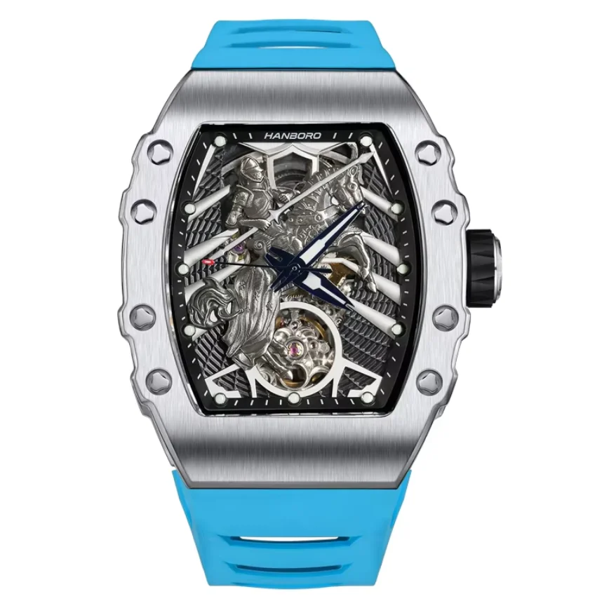 HANBORO Men Automatic Watch Tonneau Mechanical Wristwatch Sapphire Mirror Luminous Waterproof Skeleton Knight Dial Miyota 9015