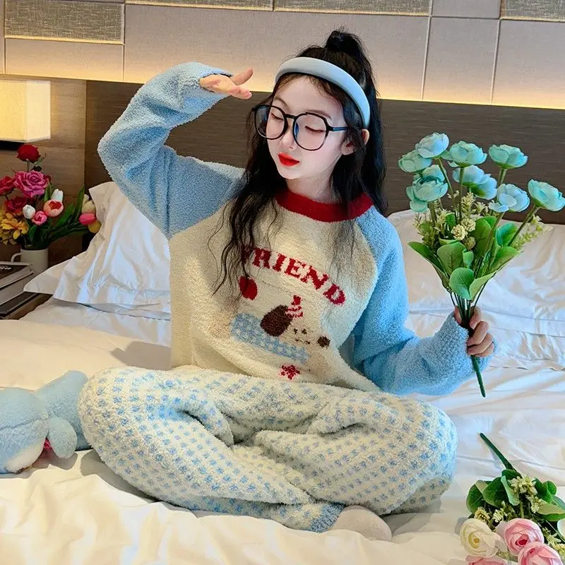 

Girls' Flannel Pajamas Coral Velvet Thermal Sleepwear Set for 6-12 Years Girls Long Sleeve Warmth Design with Cartoon Print