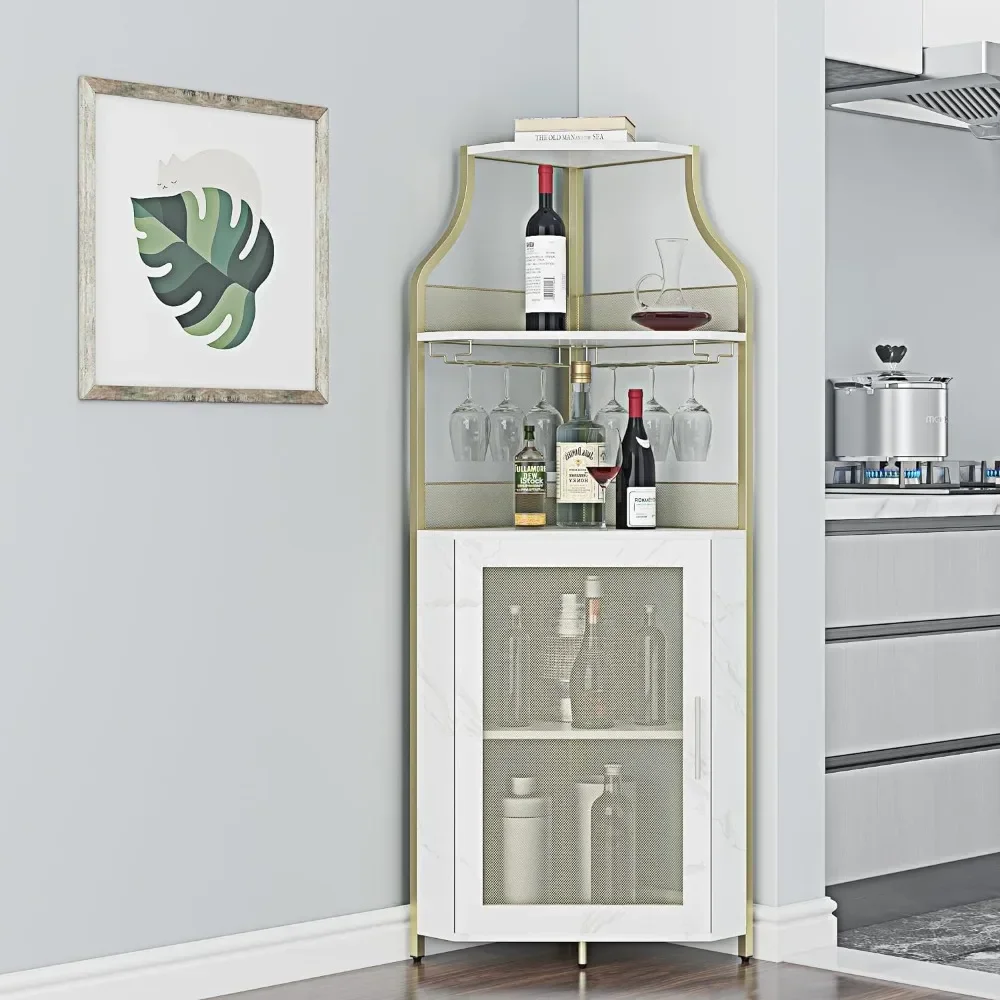 Corner Wine Cabinet with Removable , Wine Bar Cabinet with Barn Door and Adjustable Shelves, Industrial Wine Cabinet