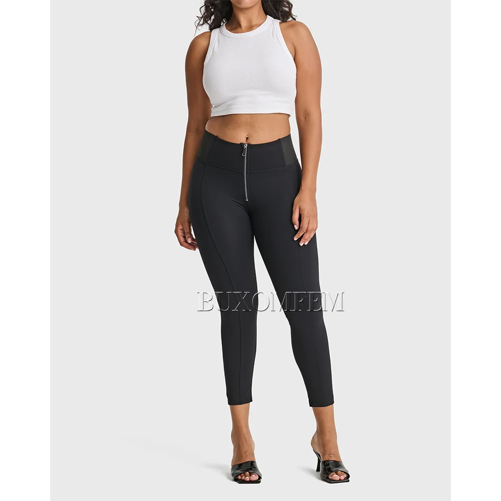 Slimming Zip-Up Hip Lift Tight Pants Classic Black Compressing High Waisted Leggings Soild Straight Leg Wrap Hips Daily Trousers