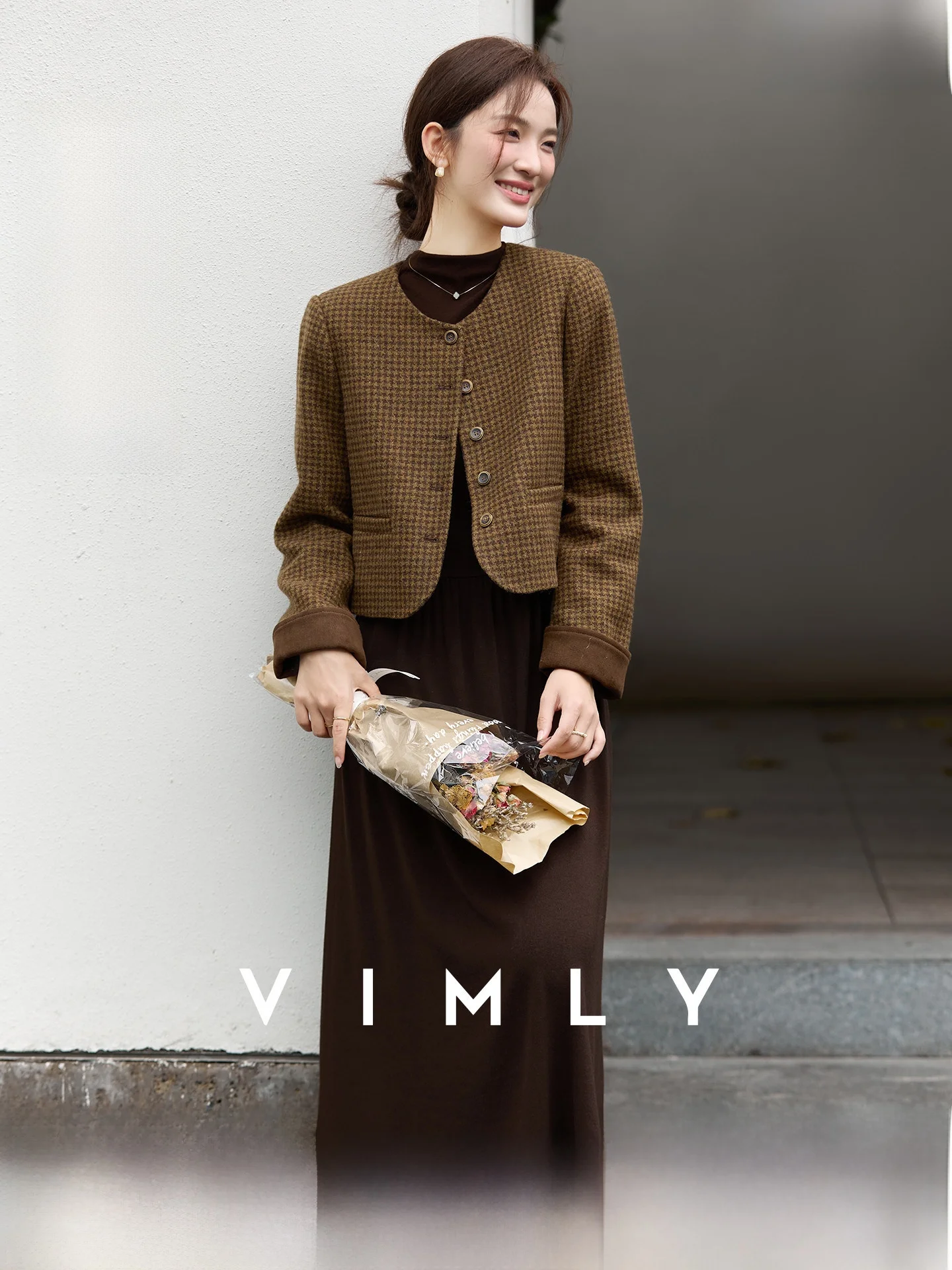 

Women's Autumn Winter Plaid Coat Dr Two-Piece Set High Collar Ele Sle Wool Fabric Long Sve Button Closure