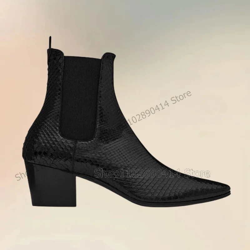 Black Lychee Print Chunky Heels Pointed Toe Men Boots Fashion Slip On Men Boots Luxurious Handmade Party Banquet Men Dress Shoes