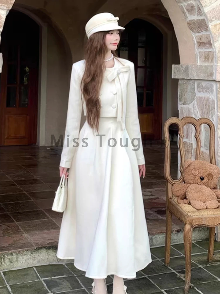 Autumn Winter France Slim Bow 2-piece Set Women Fashion Elegant Long Sleeve Solid Short Tops + Thin High Waist A Line Long Skirt