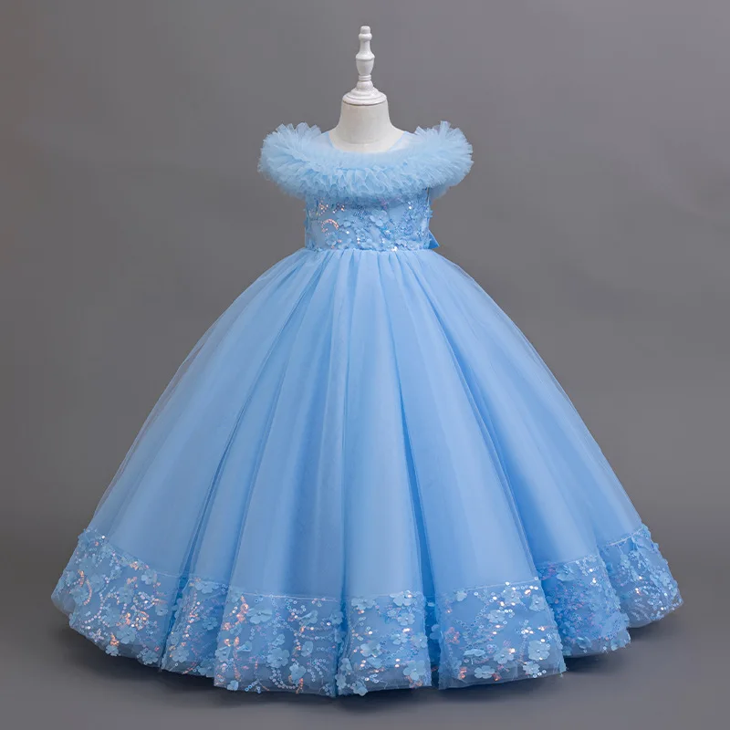 New girls' long tutu dress wedding princess children's flower girl piano performance clothes view 3