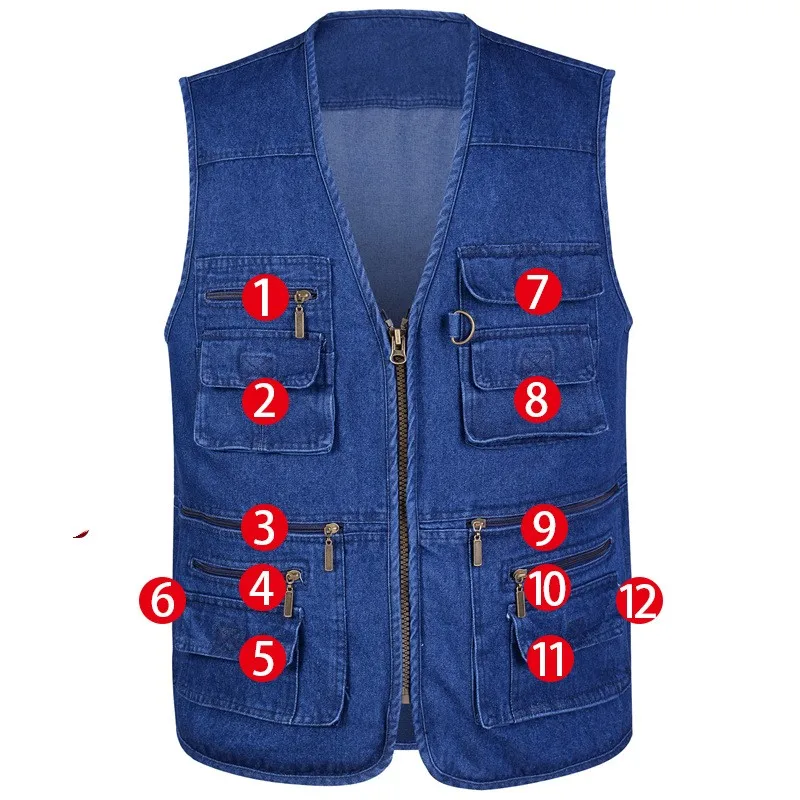 Multi Pocket Cotton Denim Vest Men Casual With16 Pockets Sleeveless Jackets Male Outdoor Photograph Waistcoat Plus Size 5XL