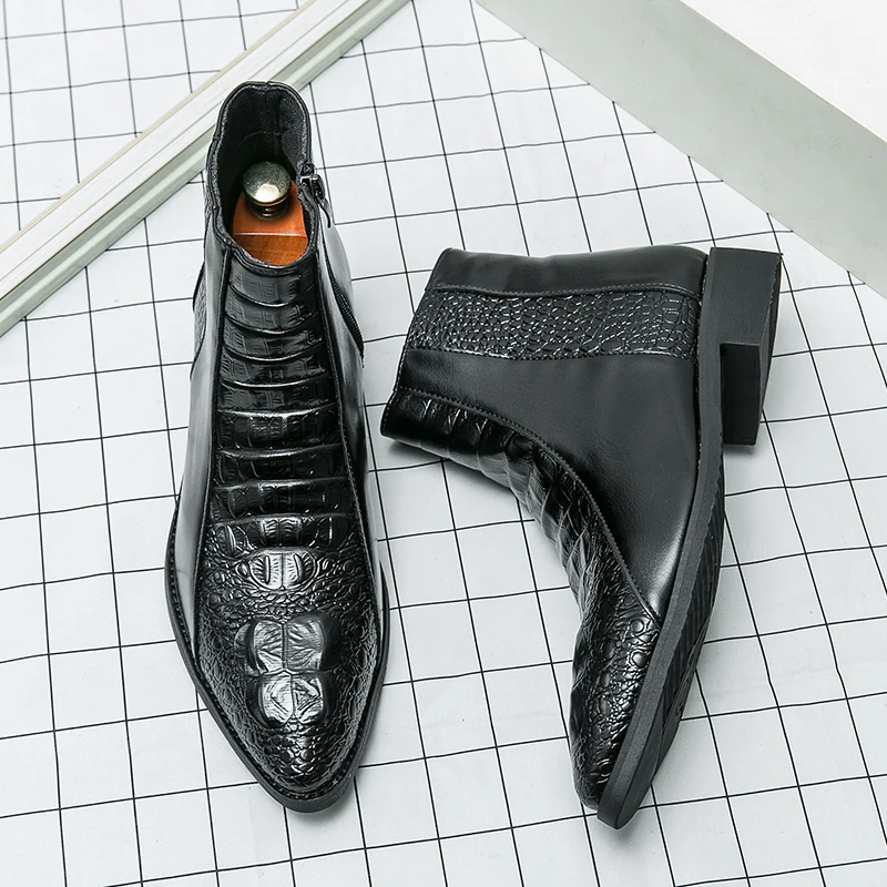 

Men High Top Chelsea Boots with Fashionable Crocodile Pattern Pointed Toe Side Zipper Short Boots