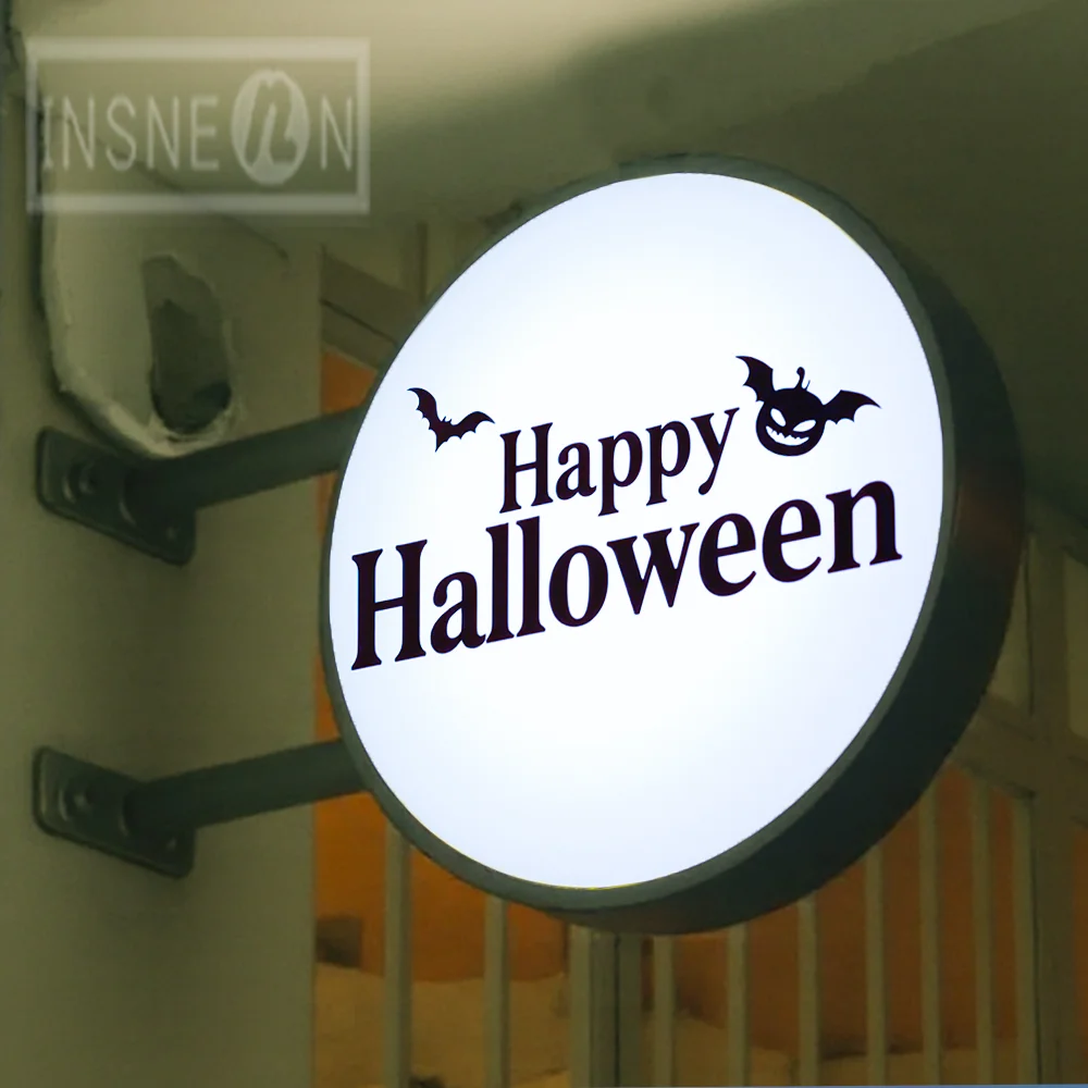 صندوق إضاءة مخصص للهالوين لواجهة المتجر من الأكريليك LED مقاوم للماء على الوجهين لافتات أعمال خارجية مثبتة على الحائط