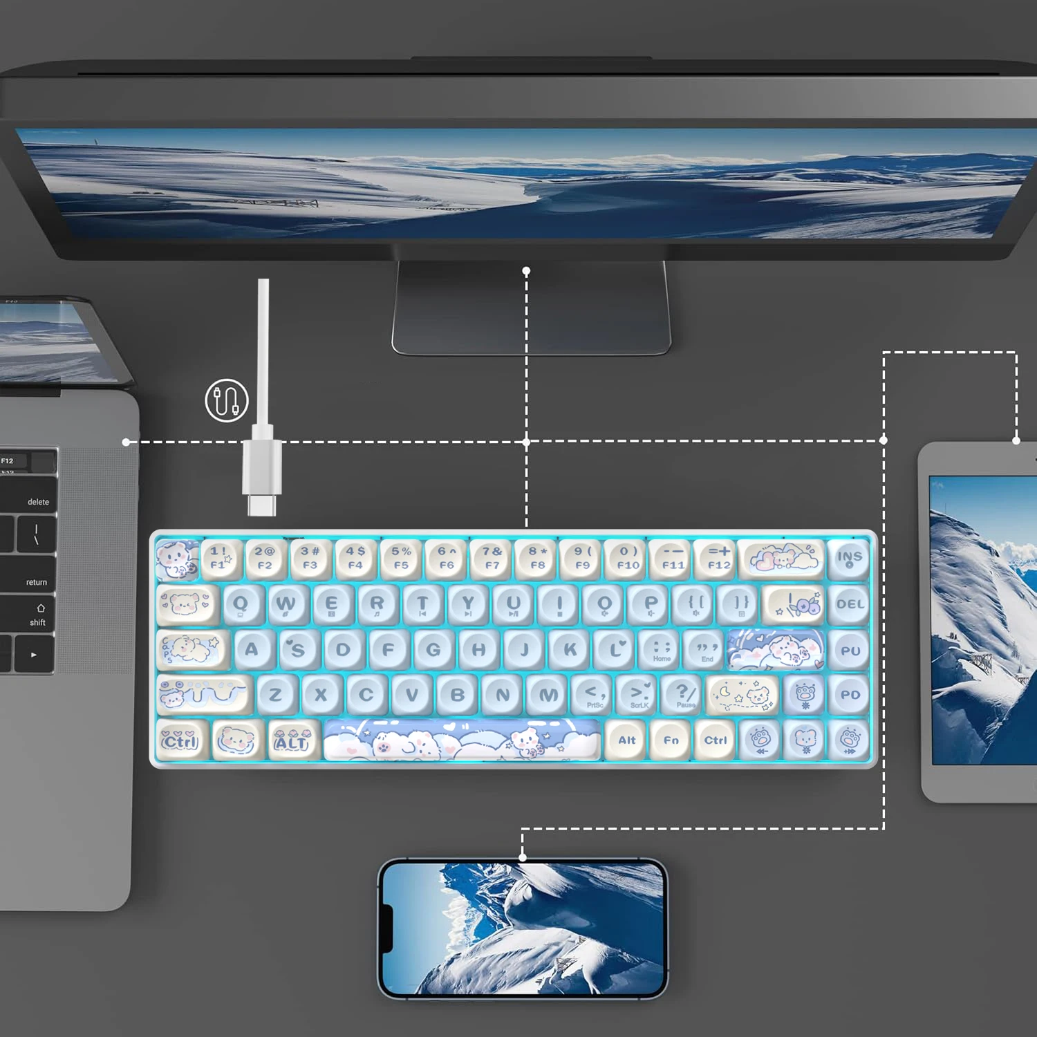

Mechanical Keyboard 65% Compact Layout Gaming Keyboard with PBT MOA Profile Sublimation Keycaps Swap Switch Ice Blue Backlit