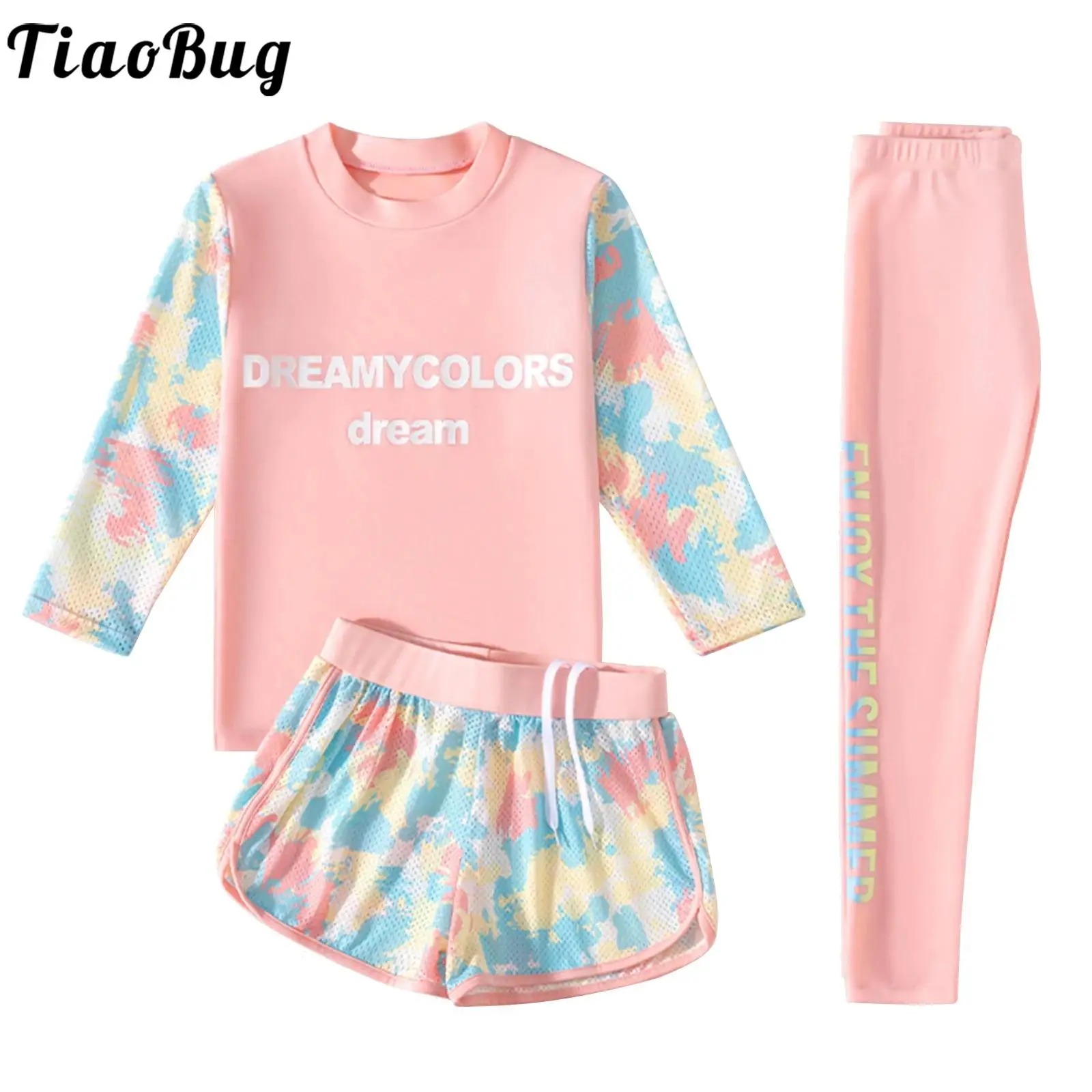 3Pcs Kids Girls Colorful Print Swimsuit Sun Protection Swimwear Long Sleeve Top with Shorts and Pants Set for Beach Bathing Suit