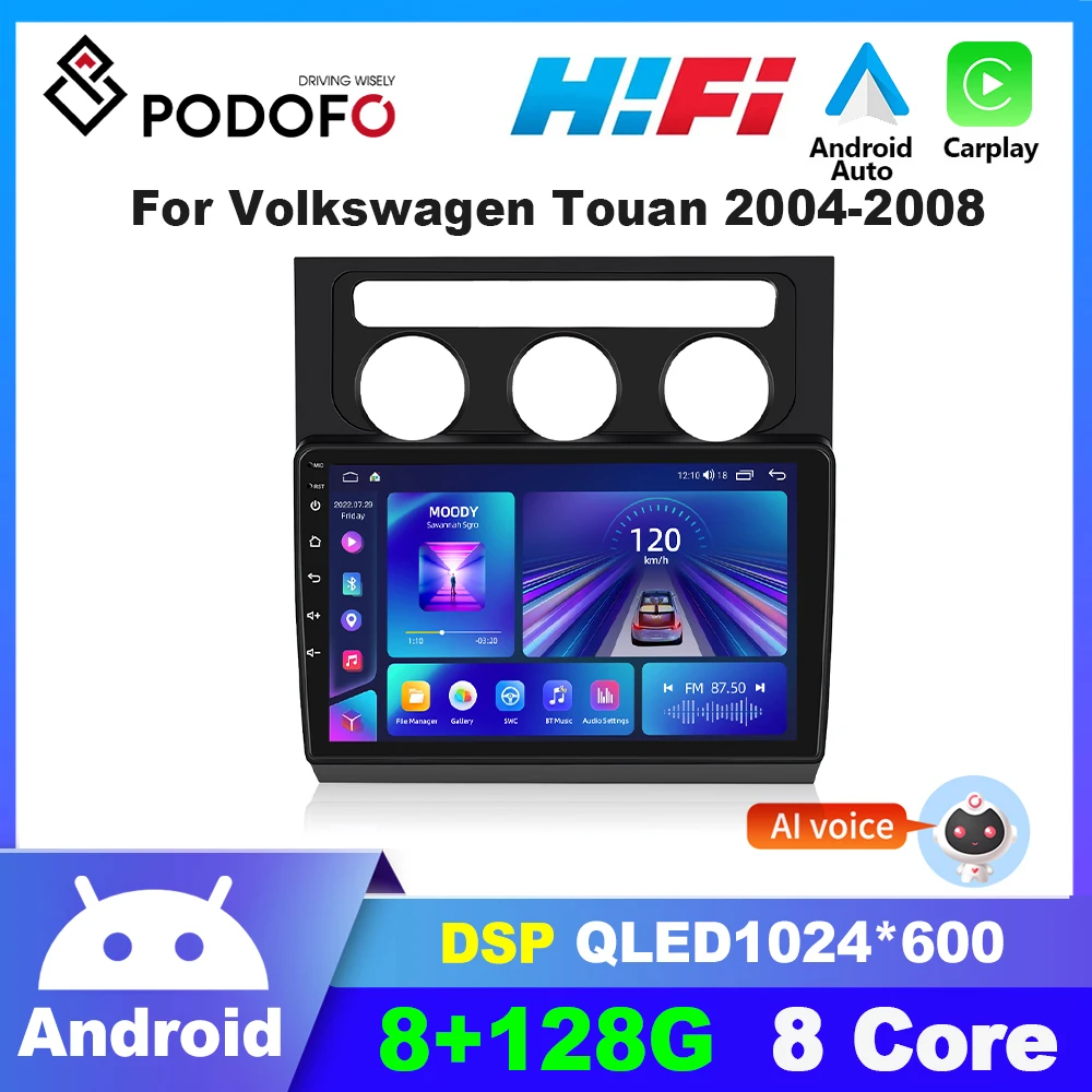 Podofo AI Voice 2 din Android Car Radio for Volkswagen Touan 2004-2008 CarPlay Car Multimedia palyer audio GPS 2din autoradio