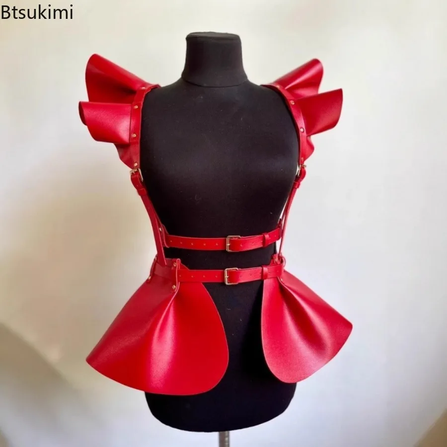 Women Leather Corset Belt Adjustable Gothic Punk PU Leather Ruffle Hem Harness Skirt Fashion Rock Stage Show Cosplay Accessories