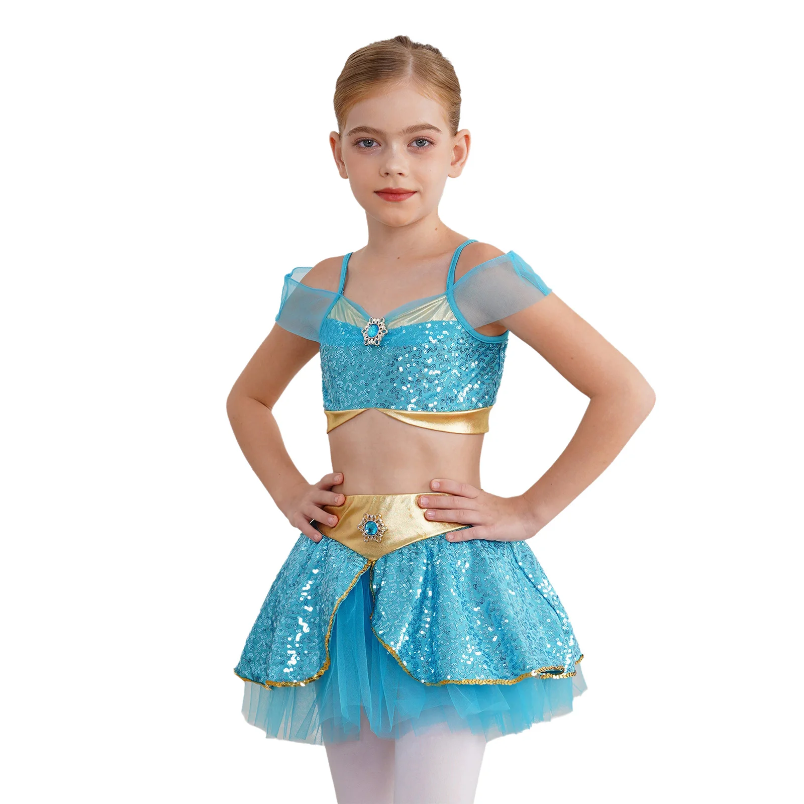 Kids Girls Arabian Costume Sleeveless Shimmering Sequins Gemstone Embellishment Set Arabic Dance Halloween Cosplay Costume 2Pcs