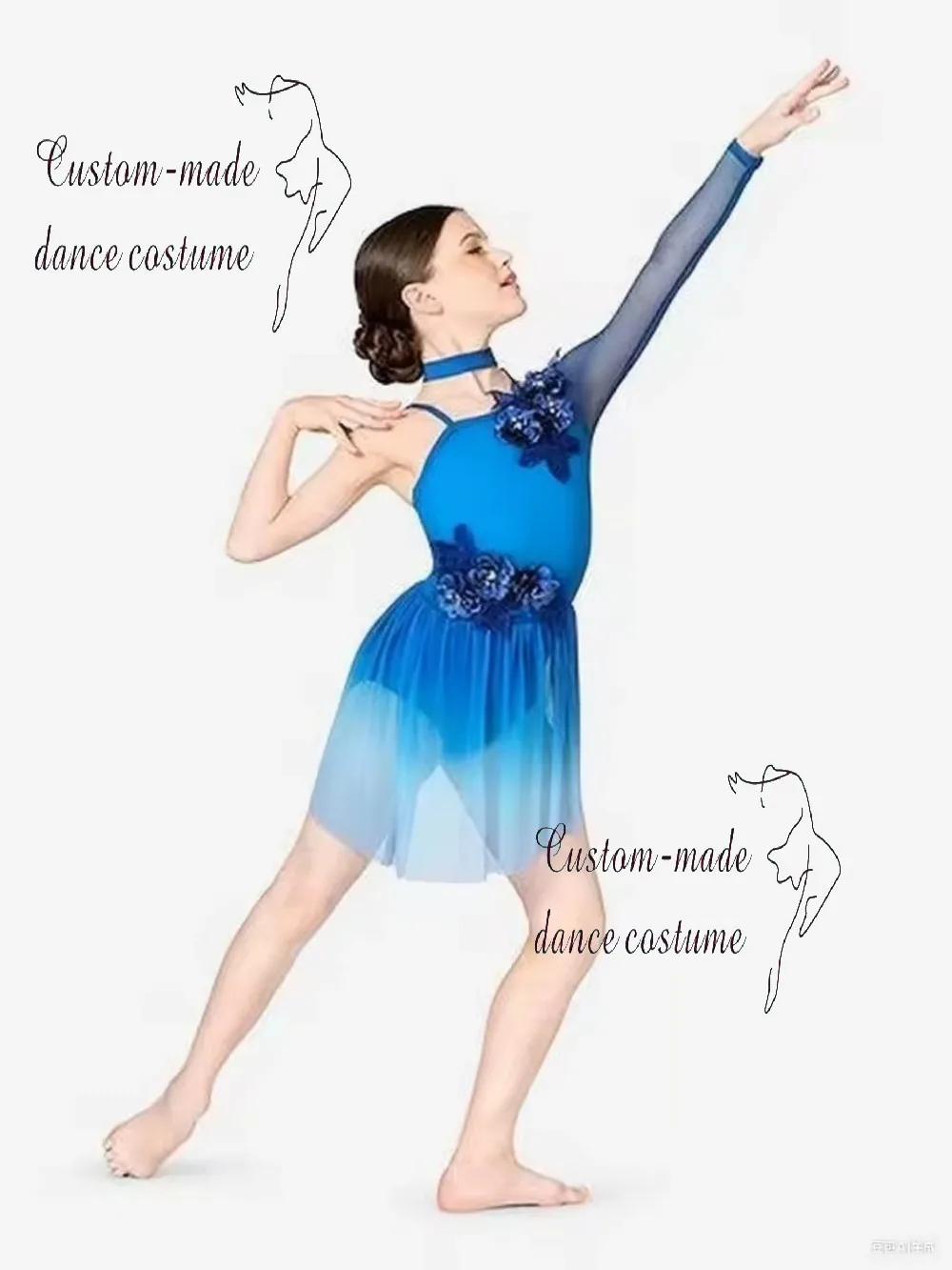 Purple Gradient Children's Dance Leotard with Single Sleeve, Floral Embroidery, and Flowing Chiffon Skirt for Performance