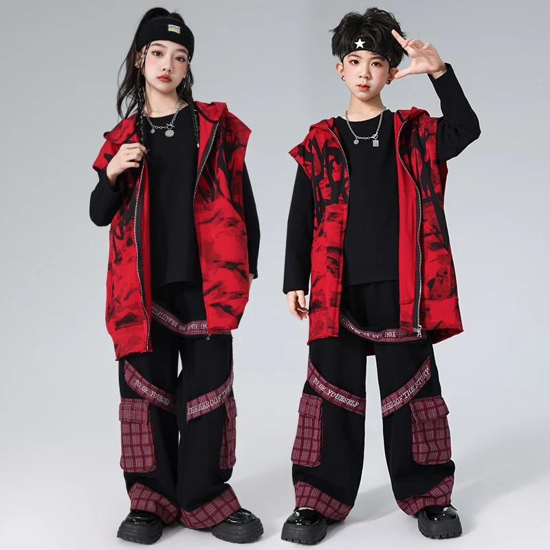 Ropa de baile de Hip Hop para niños y niñas, chaleco rojo con capucha, pantalones Cargo, traje de actuación de baile callejero, ropa de escenario de Hip Hop BL14229