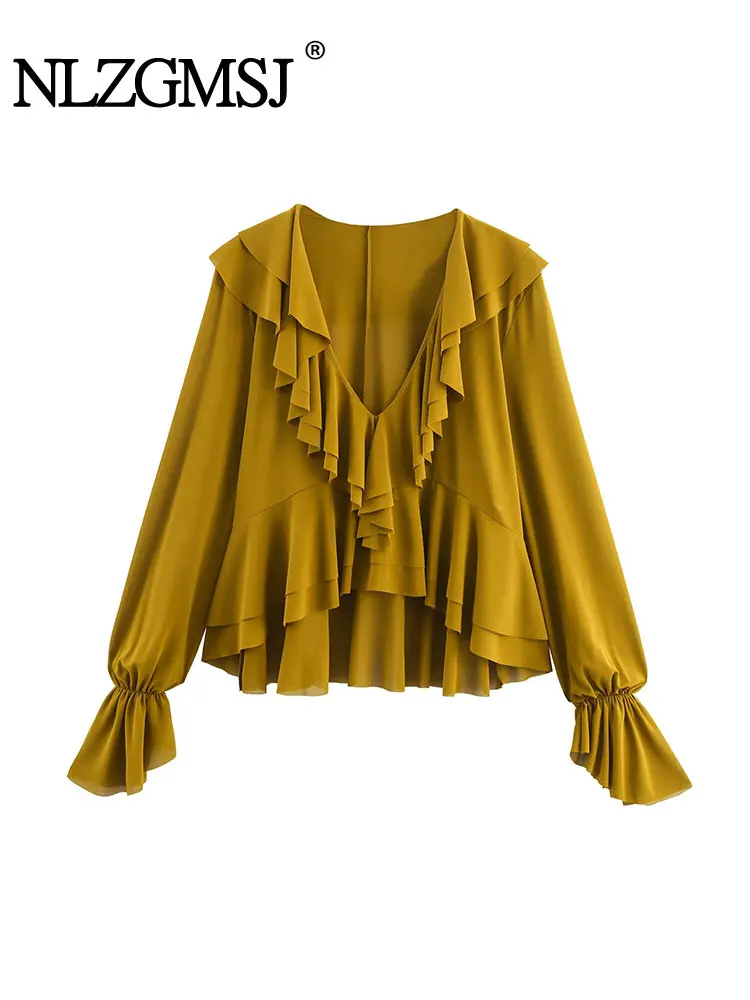 

NLZGMSJ Повседневная шикарная однотонная женская блузка с v-образным вырезом и длинным рукавом, свободные рубашки, новая модная осенняя элегантная женская блузка ﻿