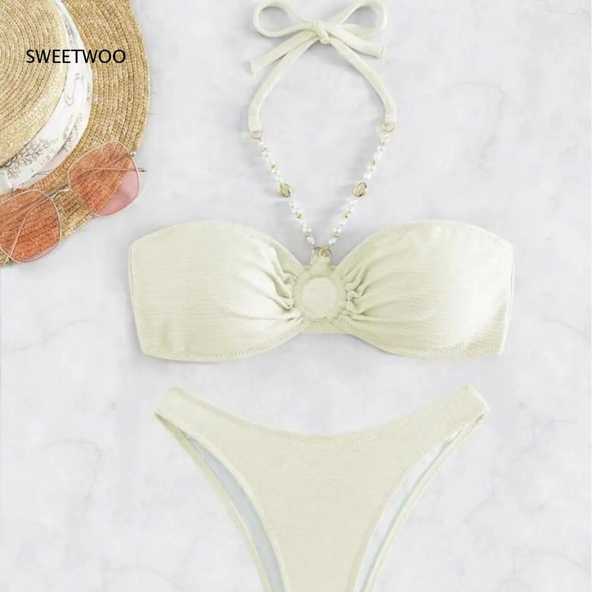 Women Textured Crinkle Bandeau Bikini Set Pearl Halter Neck Strap O Ring Front Cutout High Cut Two Piece Bathing Suit