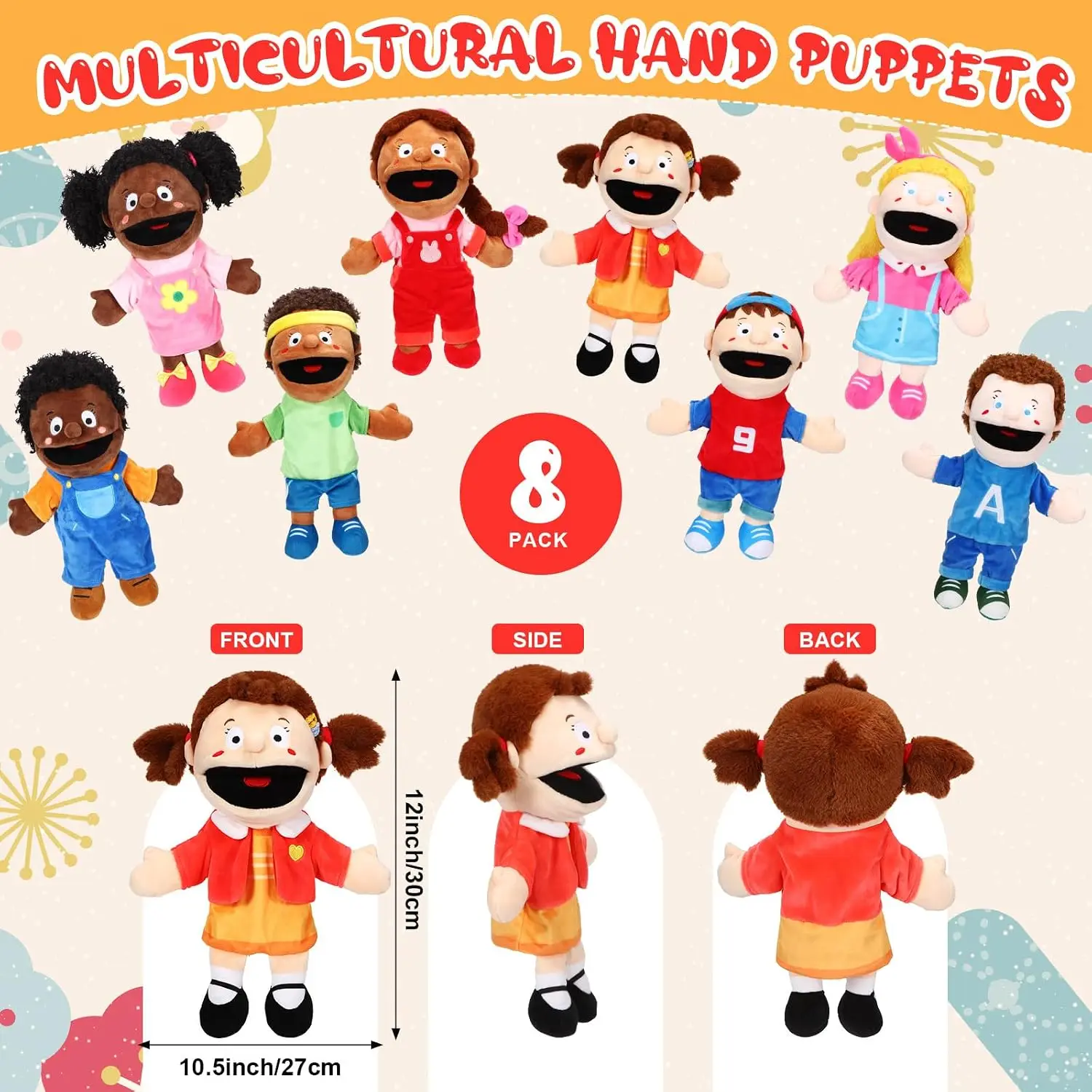 Multicultural Hand Puppets for Christmas Puppet Shows, 12 Inch, Set of 8