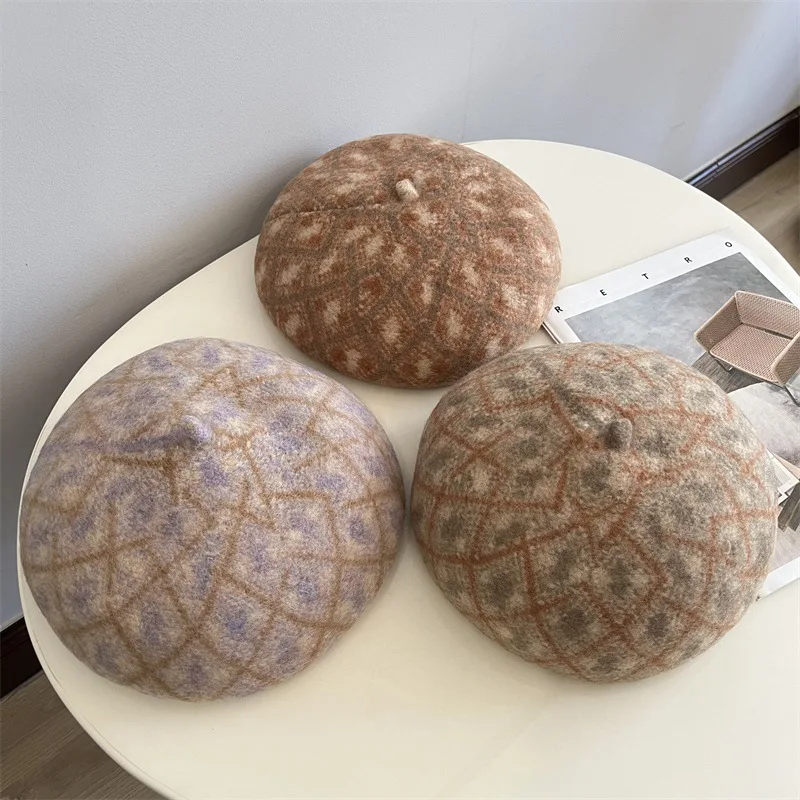 قبعة جاكار يابانية أسترالية 100% من الصوف للفتيات، قبعة رسام دافئة فنية للخريف والشتاء #1