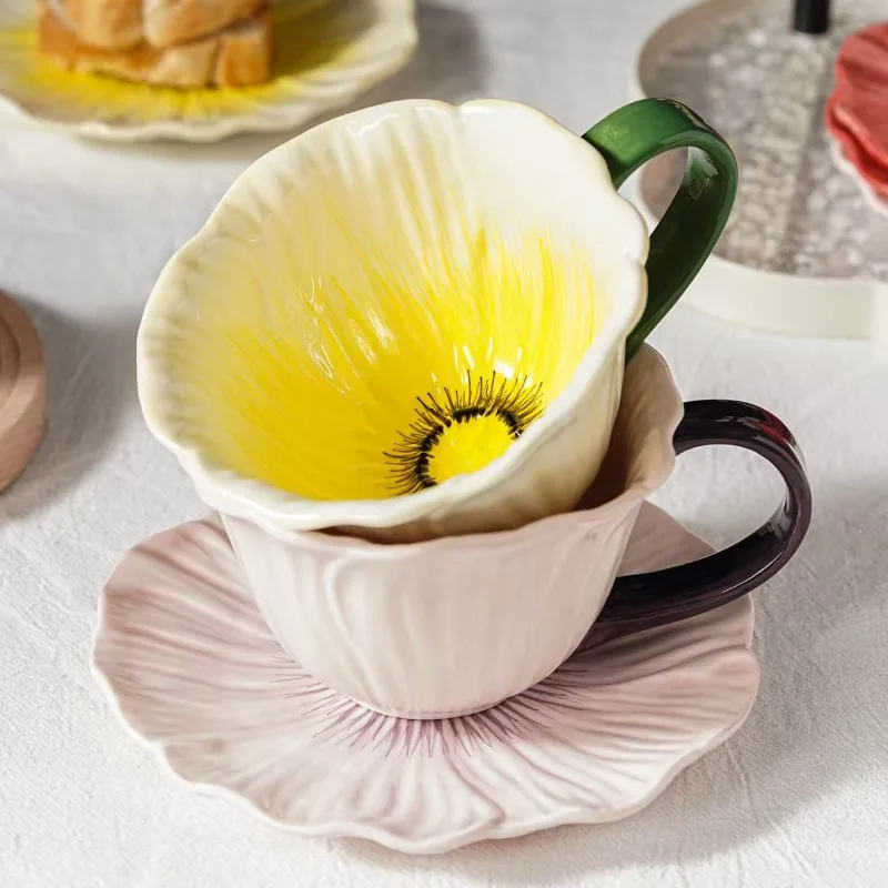 1pc 350Ml Ceramic Flower Coffee Cup Design Sense, Niche Women's High-value Latte Cup, Beautiful Sauce Set, Tea Cup Set