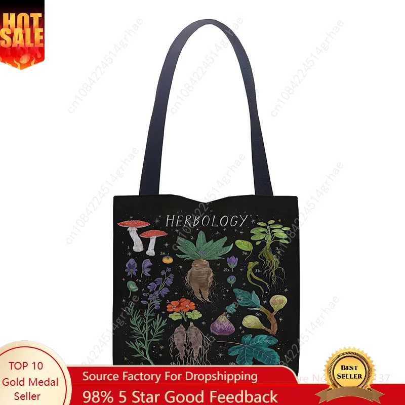 Tas Jinjing Motif Jamur Tas Belanja Bahu Kain Katun Hitam Tas Tangan Wanita Kartun Lucu Tas Belanja Dapat Digunakan Kembali Ramah Lingkungan Dapat Dilipat