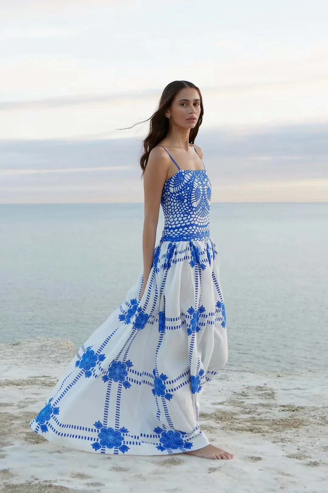 

EVACANDIS 100% Linen Women New Printing Spaghetti Strap Midi Dress Beach Style Casual High Quality Chic Vintage Elegant Sweet