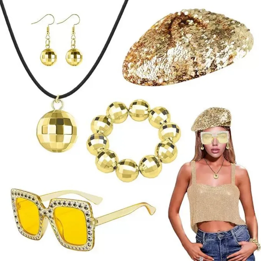 70s Disco Light Ball Accessories Headband Sunglasses Necklace Earrings Diamond Bracelet Set Earring for Party Halloween