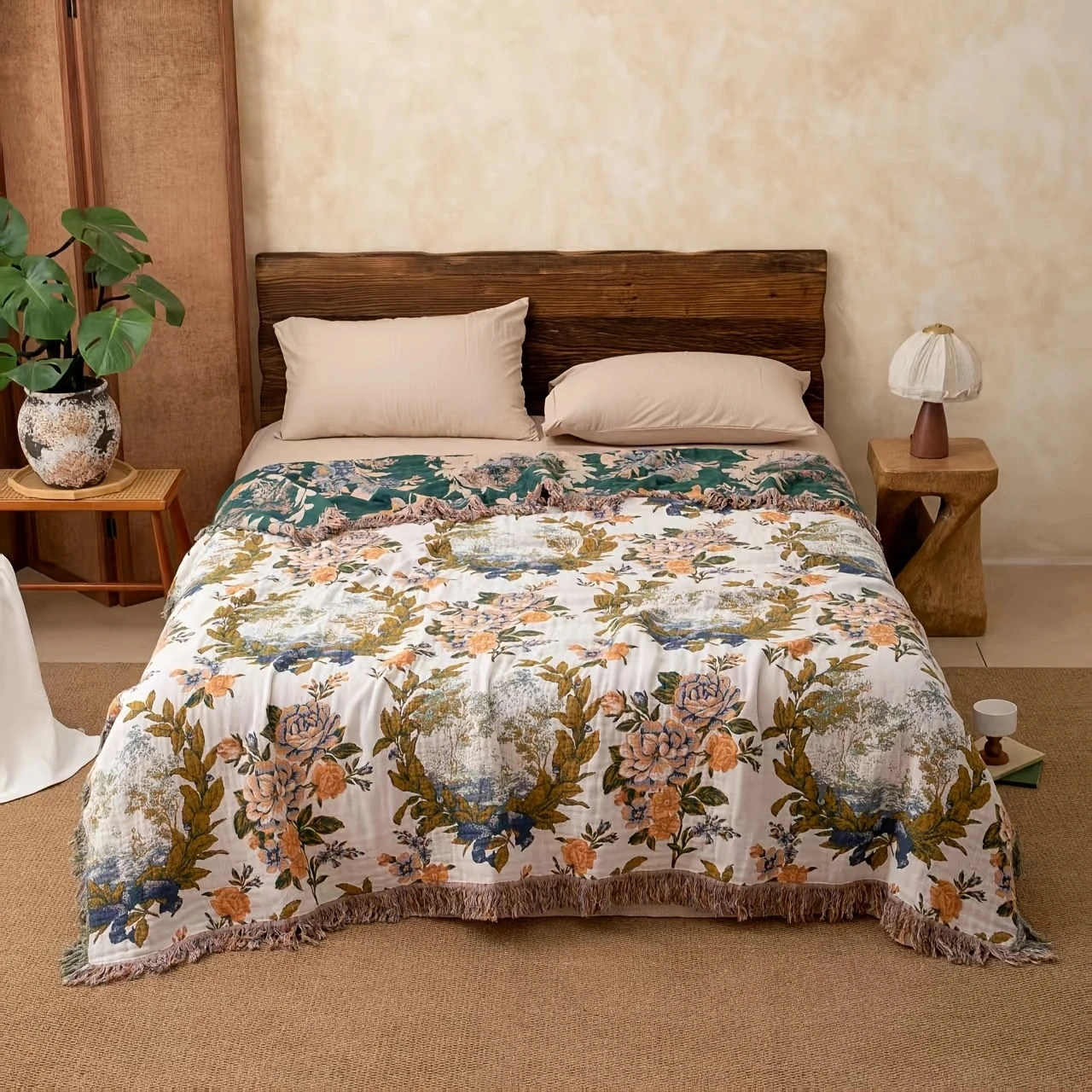 1PC Floral Cotton Tassel Throw Blanket, Reversible, Multi-use Sofa Bed Cover, Machine Washable, Gift