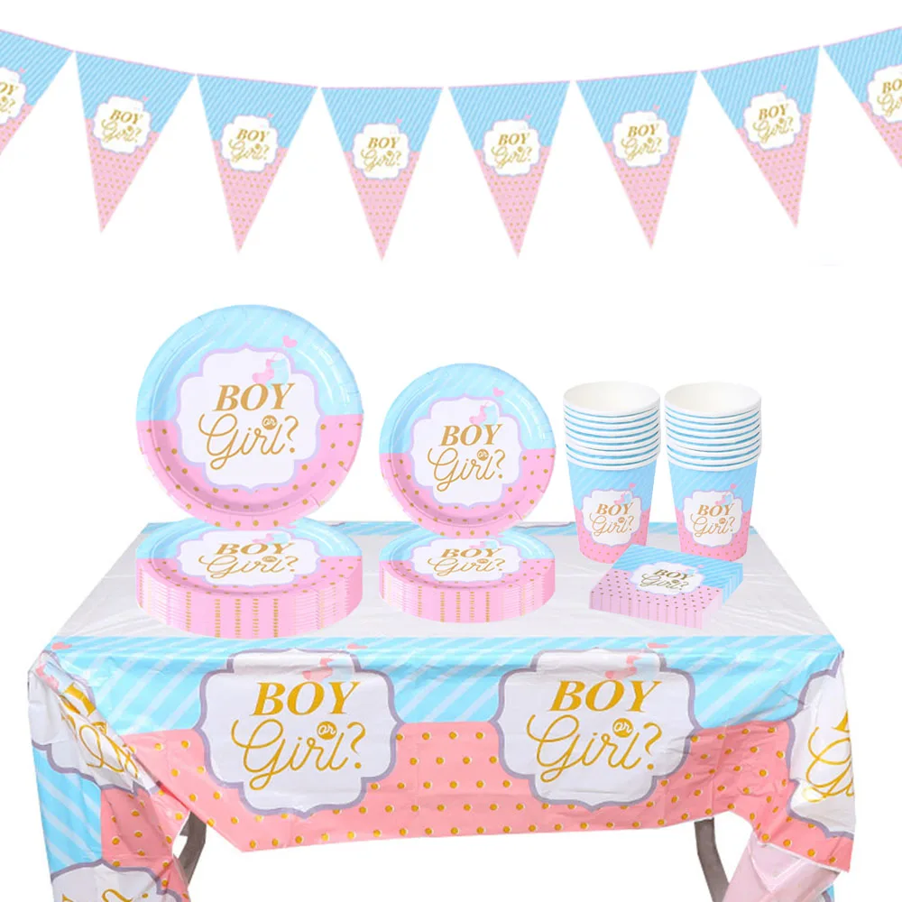 Ragazzo o ragazza rosa blu Gender Reveal stoviglie usa e getta piatti di carta tazze Banner tovaglia Gender Reveal Party Decor Supplies