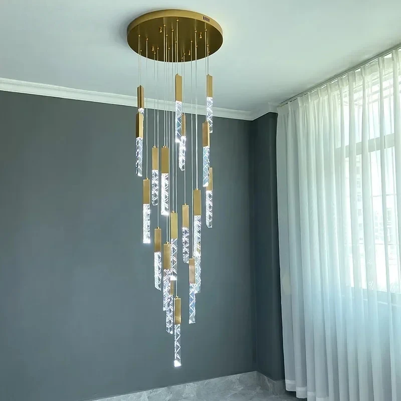 

Luxury Led Pendant Lamp Modern Loft K9 Crystal Ceiling Chandelier Gold Duplex Staircase Living Room Decor Hotel Hanging Light