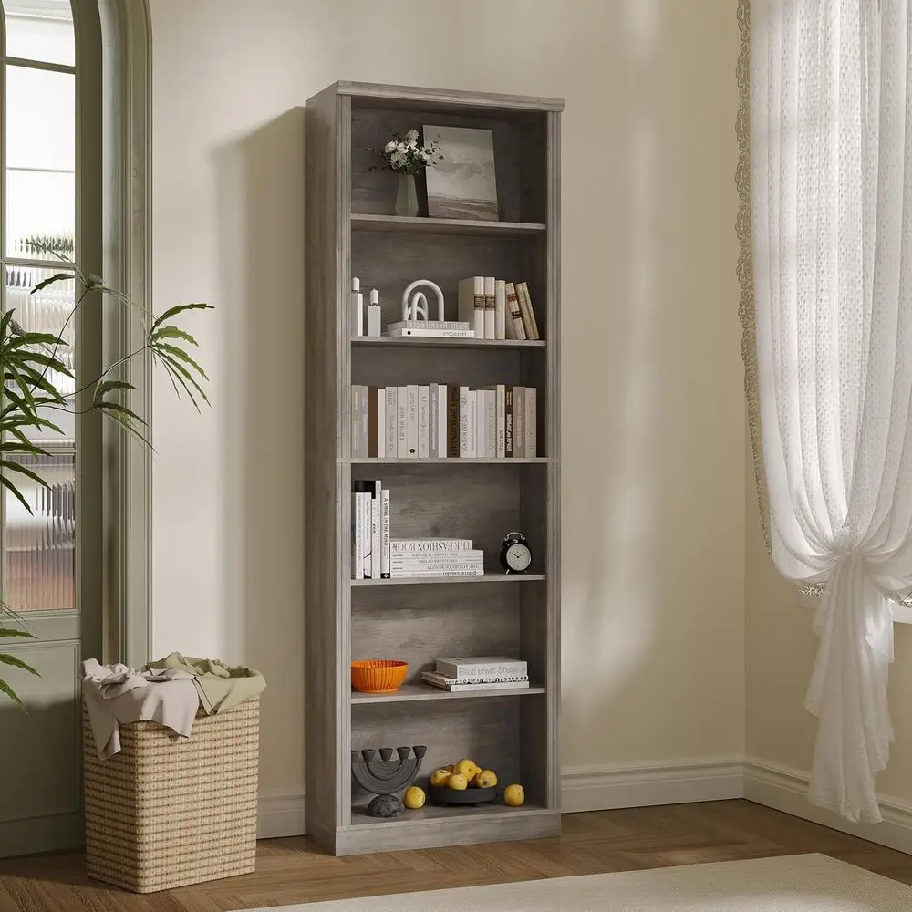 

Thacuok Grey Bookshel, 75" Tall Bookcase, 6 Tier Adjustable Storage Shelves, Book Shel with Anti-Tipping Device, loor Standing e