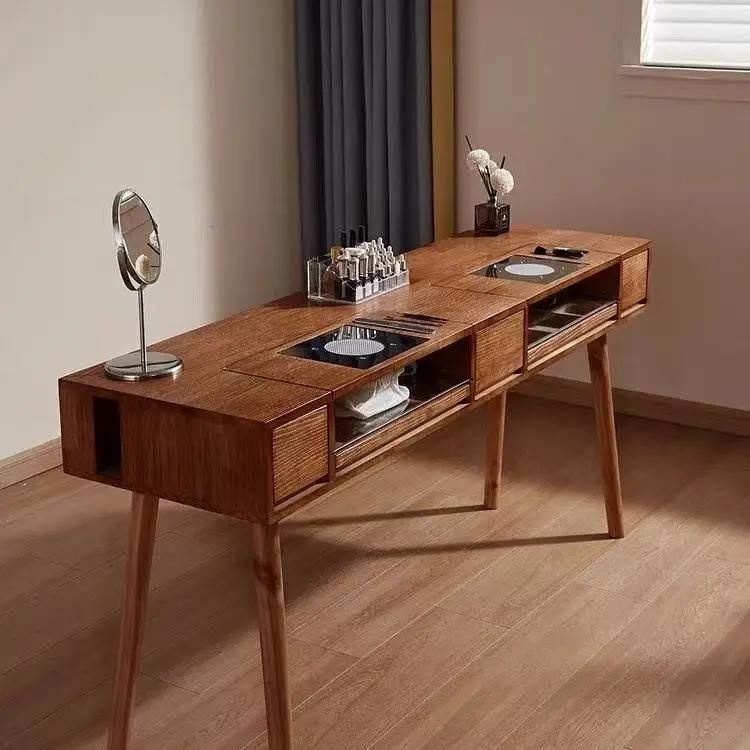 &c Double-Layer Vintage Solid Wood Multi-Drawer Storage Cabinets, Nail Salon Workbenches, Nail Tables with Vacuum Cleaner