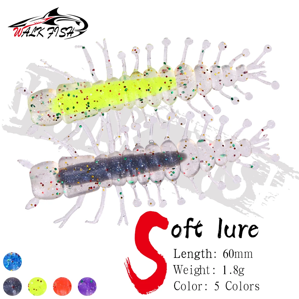 WALK FISH 5 Teile/los 1,7g 6 cm PVC + TPR Schwimmender Angelköder Simulation Tausendfüßler Weicher Köder Künstliche Köder mit Laser Pailletten