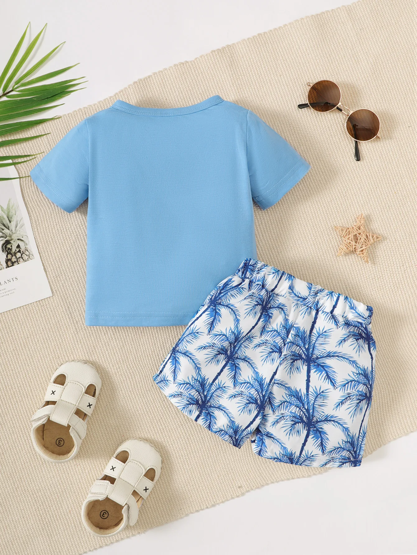 Summer Baby Boy Casual Suit Round Neck Short Sleeve Blue Top T-Shirt Beach Wind Coconut Print Pants Fashion Two-Piece Set