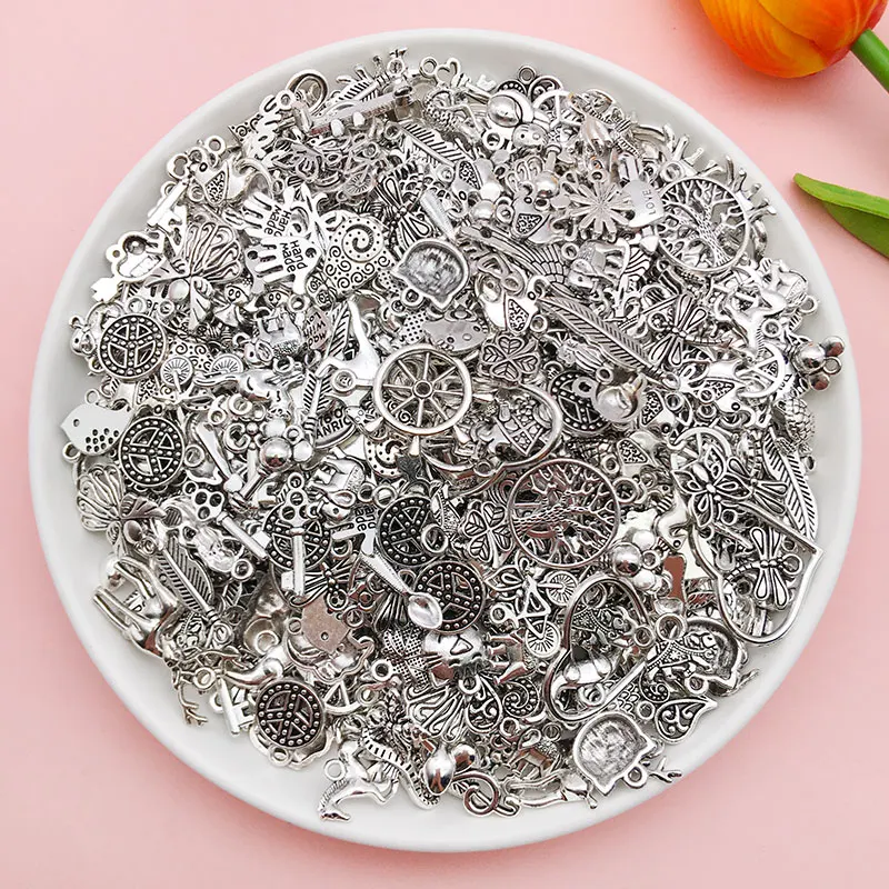 Pingente de prata antigo para fazer jóias, mistura aleatória, animal, coração, estrela, planta, charme, brincos DIY, massa, 20 pcs, 30 pcs, 50 pcs, 100 pcs, 200 pcs, PCes 300