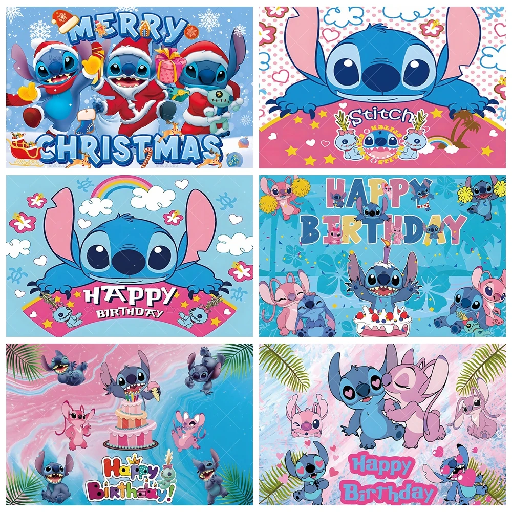 Disney Stitch Merry Christmas Photography Backdrop Customized Children's Birthday Gift Party Baby Shower Banner Decoration Props