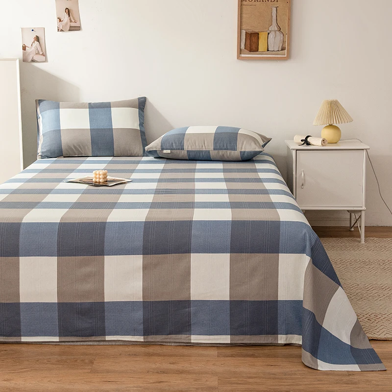 Blue and Grey Striped Cotton Bed Sheet Set, Simplicity Geometric Warm Thickened Bedding Sets, Queen King Flat Sheet 3 Piece Set