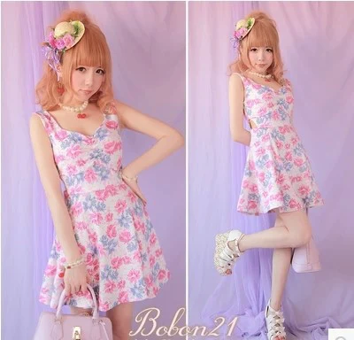 Princess sweet lolita dress BOBON21 bobon summer sexy waist hollow-out Cultivate one's morality vest dress floral flower D1045