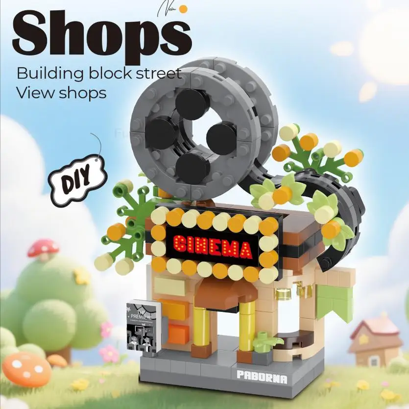 Grappige bibliotheek Snoepwinkel Dierenwinkel Brood Straatzicht Koffieshop Stad Miniatuur Kleine bouwstenen Ornamenten Winkel DIY Speelgoed